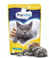 Šlapias kačių ėdalas PREVITAL Vištiena drebučiuose – 100 g pakelis, suaugusioms katėms