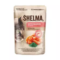 Šlapias kačių ėdalas SHELMA su lašiša padaže, pilnavertis suaugusių kačių pašaras, 85 g, 10% baltymų, 81% drėgmės