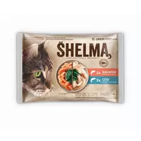 Šlapias kačių maistas SHELMA su lašiša ir menke padaže, 4 x 85 g paketėliai