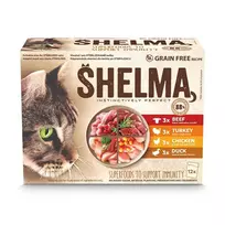 Šlapias kačių ėdalas SHELMA su kalakutiena, antiena, vištiena ir jautiena padaže – 12x85g