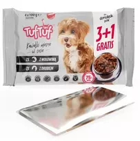 Šlapias šunų ėdalas TufTuf TUF TUF 2x paukštiena + 2x jautiena, 4×100 g paketėliai, suaugusiems šunims, pilnavertis pašaras