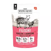 Šlapias kačių ėdalas wiejskazagroda Vištienos filė su ėriena 85 g – suaugusioms katėms, be grūdų, vienkartinis pakelis