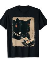 Cat Eating Sushi Graphic Tee - , Crew Neck,  Casual Pullover with Geometric Pattern, All-Season Comfort, Regular Fit S juoda