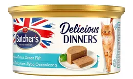 Šlapias kačių ėdalas Butcher's Delicious Dinners Mousse su tunu ir vandenyno žuvimis, skardinė 85 g, suaugusioms katėms, be cukraus ir glitimo