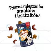 Sausas skanėstas katėms Felix Crispies Jautiena ir Vištiena 45 g – mėsingas traškus užkandis suaugusioms katėms, 31,5 % baltymų, 15,5 % riebalų
