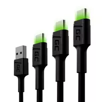 USB-C laidų rinkinys Green Cell GC Ray — USB A į USB C 3 ilgiai (30 cm, 120 cm, 200 cm), USB PD, 480Mbps, 2,4 A, juodos spalvos