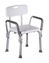 Priekabinis dušo kėdė ActionMed KP300AM su atlošu ir porankiais, polipropilenas, reguliuojamas aukštis 43–56 cm, sėdynė 40×33 cm, maks. svoris 110 kg