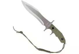 Fiksuotas peilis Cinema Classic CC-H5 Rambo V – išgyvenimo peilis, plieninis ašmenys 230 mm, bendras ilgis 385 mm, polimerinė žalia rankena, odinė makštis