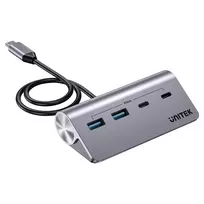USB šakotuvas Unitek H1337AGY01 – 4 prievadai (2×USB-C, 2×USB-A), iki 5Gbps, aliuminis, sidabrinis