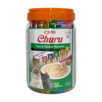Šlapi skanėstai katėms INABA Churu įvairūs – Vištiena ir Tunas, 50 x 14 g pastos tūbelės, be grūdų, be glitimo ir be cukraus