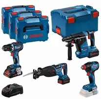 BOSCH 18V komplektas GSR 18V-90C, GDX 18V-210C, GBH 18V-24C, GSA 18V-28 su 1x4.0Ah ir 2x5.5Ah akumuliatoriais