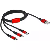 USB įkrovimo laidas DeLOCK 3 in 1 Type-A į Lightning / 2 x USB Type-C 1 m juodas / raudonas