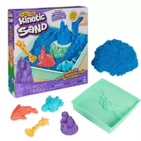 Kinetic Sand Sandbox rinkinys, mėlynas, 1 svaras formuojamo smėlio, 4 įrankiai ir formos, jutiminis žaislas vaikams nuo 3 metų