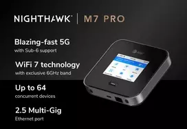 Maršrutizatorius koriniam ryšiui Netgear Nighthawk M7 Pro — Trijų juostų Wi‑Fi 2.4/5/6 GHz, 5G Sub6, LTE, Gigabit Ethernet, USB-C, nešiojamas, juodas