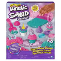 Kinetic Sand Shimmer, Unicorn Bake Shoppe rinkinys, 16oz (blizganti mėlyna ir neoninė rožinė), 8 vienaragio formų, sensorinis žaislas vaikams nuo 3 metų