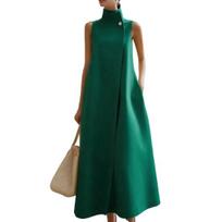 Women's Stand-Up Collar Long Dress Sleeveless One Button A-line Maxi Dress Formal Business Office Work Dress M žalia