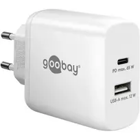 USB-C dviejų prievadų greitasis įkroviklis, PD, GaN, 65 W (baltas, 1x USB-C, 1x USB-A, Power Delivery)