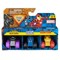 Monster Jam Marvel Mini Monster Truck 3 rinkinys – Juodoji pantera, Kapitonas Amerika, Geležinis žmogus, liejami sunkvežimiai, 1:87 skalė, žaislai vaikams nuo 3 metų