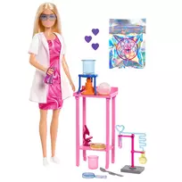 Barbie mokslininkė lėlė su laboratorijos stalu ir spalvą keičiančiais priedais
