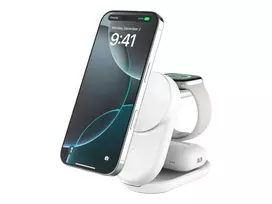 Belaidinis įkroviklis Belkin UltraCharge 25W Qi2 3 viename magnetinis įkroviklis EU baltas apvalus