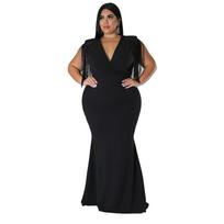 Plus Size Fringe V Neck Maxi Dress Long Sleeve Mermaid Gown Curvy Bodycon Fishtail Long Dress Sexy Tassel Shoulder Evening Party Formal Wedding Gown L juoda