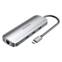 Docking stotelė Vention Multi-function USB-C į HDMI USB3.0x3 RJ45 SD TF TRRS 3.5mm PD 0,15m pilka aliuminio lydinys