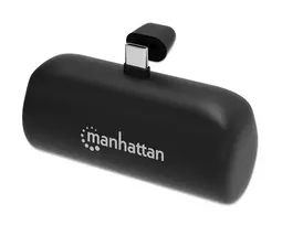 Manhattan Power Bank su integruotu USB-C kištuku, 5000 mAh, iki 10W išvestis, atlenkiama kojelė telefonui laikyti, juoda, vienerių metų garantija