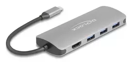 USB-C centrinis įrenginys DELOCK 64323 — USB 3.2 Gen 2 Type-C, HDMI + 2× USB-A + 2× USB-C, 10Gbit/s, pilkas
