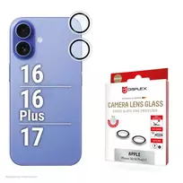 Displex Premium apsauginis stiklas kameros objektyvui, iPhone 16/16 Plus/17, 10H, viengubas žiedas, DLC, permatomas, Quick Mount