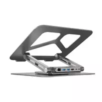 Stovas nešiojamam kompiuteriui UNITEK D1109A – aliumininis reguliuojamas stovas su USB-C stotele, HDMI, Gigabit Ethernet (tinka 14–17 colių)