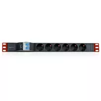 Techly 100471 19 colių 1U spintos PDU lizdų blokas, 6x Schuko, 250 V/16 A, 3 m laidas, dvigubas jungiklis, juodas