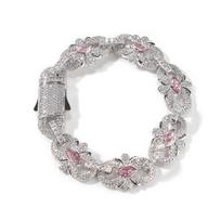THE BLING KING 16mm Pink Dark Blue Marquise Floral Infinity Chain Necklace Iced Out Cubic Zircon Bracelet Charm Hiphop Jewelry 7inch bracelet sidabrinės rožinės spalvos