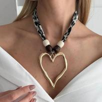 SHIXIN 2 Styles Fashion Hollow Big Love Heart Pendant Necklace for Women Vintage Leopard Chiffon Wood Bead Choker Necklace Gift