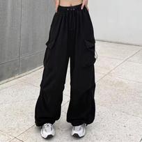 Women Casual Baggy Cargo Pants Solid Low Waist Joggers Tech Pants Drawstring Wide Leg Baggy Trousers Y2K Streetwear Sweatpants XXXL juoda