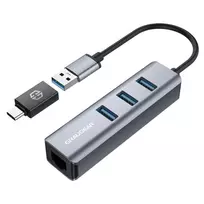 GRAUGEAR USB Hub G-HUB31L-A — USB 3.2 Gen 1 Type-A jungtis, 3x USB 3.2 Gen 1 Type-A prievadai + RJ-45, 5000Mbit/s