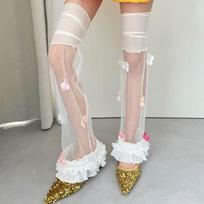 Flower Lace Mesh Splicing Leg Sleeves Y2K Harajuku Layered Ruffle Boot Cover Cuffs Kawaii Lolita JK Sheer Leg Warmers Streetwear 35-39 balta
