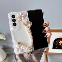 for Samsung Galaxy Z Fold 4 Case Cute for Women Girls Luxury 3D Handmade Sparkle Pearl Strap Chain Diamond Bling Glitter Cover Galaxy Z Fold 3