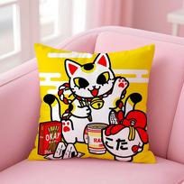 Rich Luck Maneki - Neko Cushion Cover Linen Pillowcase Cover Soft Decor For Sofa Home Room Peach skin 18*18(CM)-1Pcs