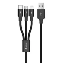 USB 3-in-1 įkrovimo ir duomenų kabelis Devia Kintone Series — Lightning, Micro-USB, USB-C, 1,2 m, juodas