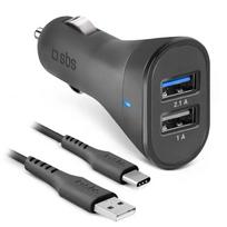 Automobilinis įkroviklio rinkinys SBS Mobile USB-Type-C, 2× USB 2.0 prievadai, 1 m laidas, 12 W, 12/24 V įėjimas, juodas