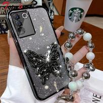 3D Butterfly Phone Holder Bead bracelet Glitter Plating Case for Samsung Galaxy S24 S23 S22 S21 S20 FE Ultra S10 Plus Cover S10 Plus