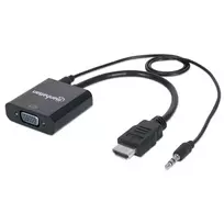 Manhattan HDMI į VGA keitiklio kabelis (su garsu), 1080p, 30 cm, Vyriškas į Moterišką, Micro-USB maitinimo įvestis, Juodas, Trejų metų garantija