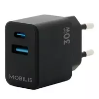 MOBILIS 001362 Universal Black AC Auto – 30W GaN įkroviklis su USB-C ir USB-A