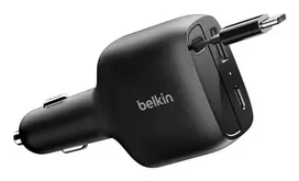 Belkin 75W 2-Port įkroviklis su įtraukiamu USB-C laidu automobiliui (CCC001HQBK)