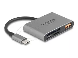 Delock 91016 USB-C kortelių skaitytuvas SD ir microSD kortelėms su USB-A prievadu ir USB-C PD