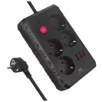 Ilgintuvas MACLEAN MCE393 B – 4 kištukiniai lizdai, 3×USB, 110–240V, 2500W, 3 m laidas, juodas