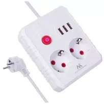 Maitinimo šynas MACLEAN MCE387 W — 2 kištukiniai lizdai, 3×USB A, 110–240V, 2500W, 1,5 m laidas, baltas