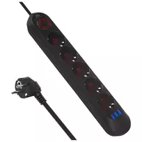 Maitinimo blokas MACLEAN MCE395 B – 5 kištukiniai lizdai, 3×USB, 110–240V AC, 2.1A USB, 2500W, 1,5 m laidas, juodas