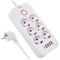 Maitinimo blokas MACLEAN MCE389 W – 6 kištukinių lizdų, 4×USB-A, 1×USB-C, 2500W, 110–240V, 1,5 m laidas, baltas