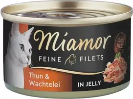 Šlapias kačių ėdalas Miamor Feine Filets 100 g – Putpelių ir tuno skonio, suaugusioms katėms, lengvai atidaroma skardinė